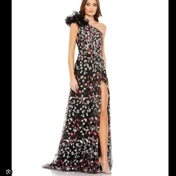 Mac Duggal 20331 EMBELLISHED RUFFLED ONE SHOULDER A LINE GOWN Black 12 - Picture 2 of 15